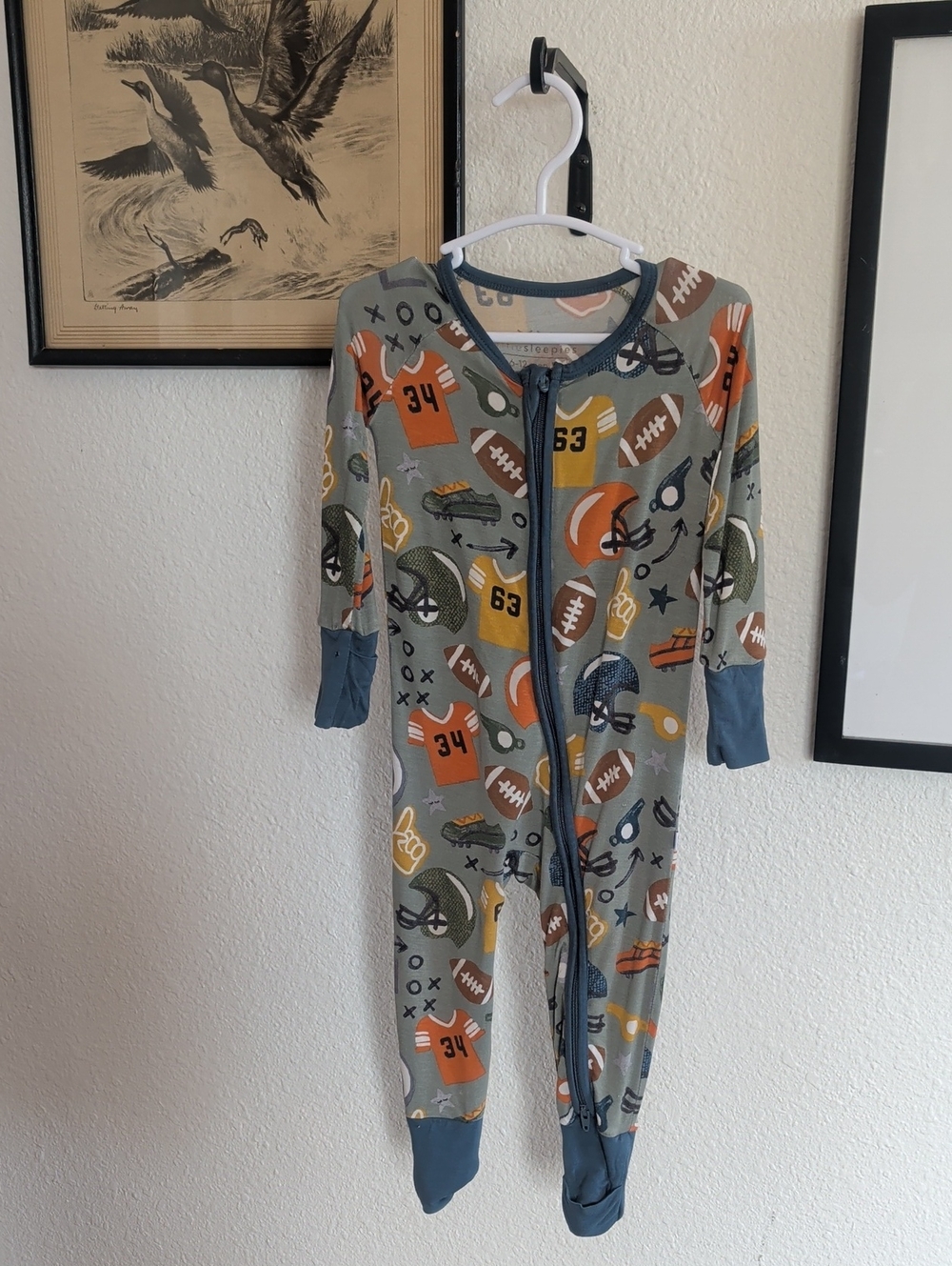 Little Sleepies 6-12 Month Gray Football Print Zip Footed One-Piece Pajamas